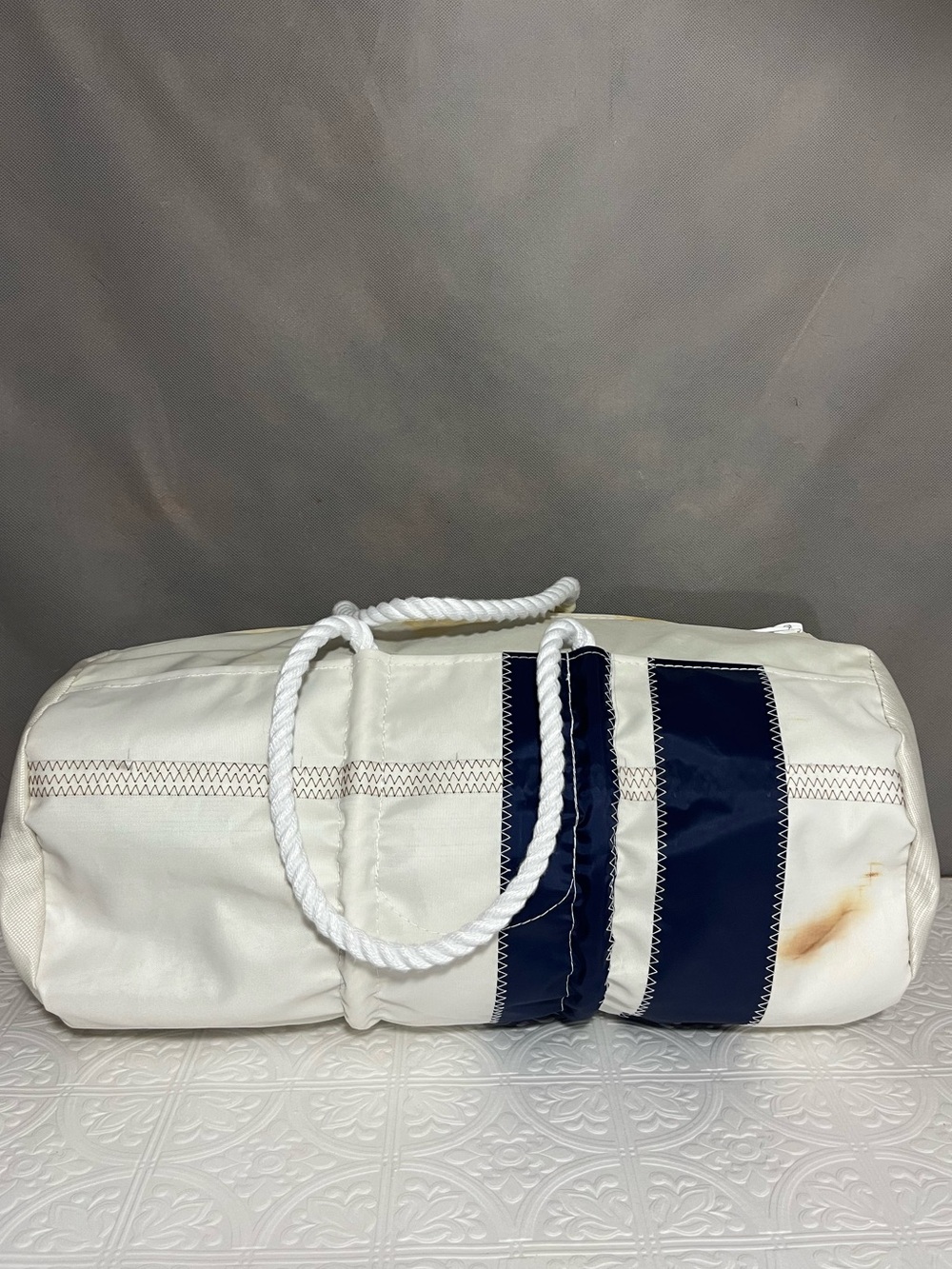 NWT Sea Bags Recycled Sailcloth Duffel Bag White Navy Blue Stripe Distressed